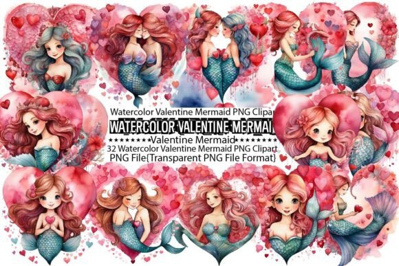Download Watercolor Valentine Mermaid Sublimation - Valentine Collection
